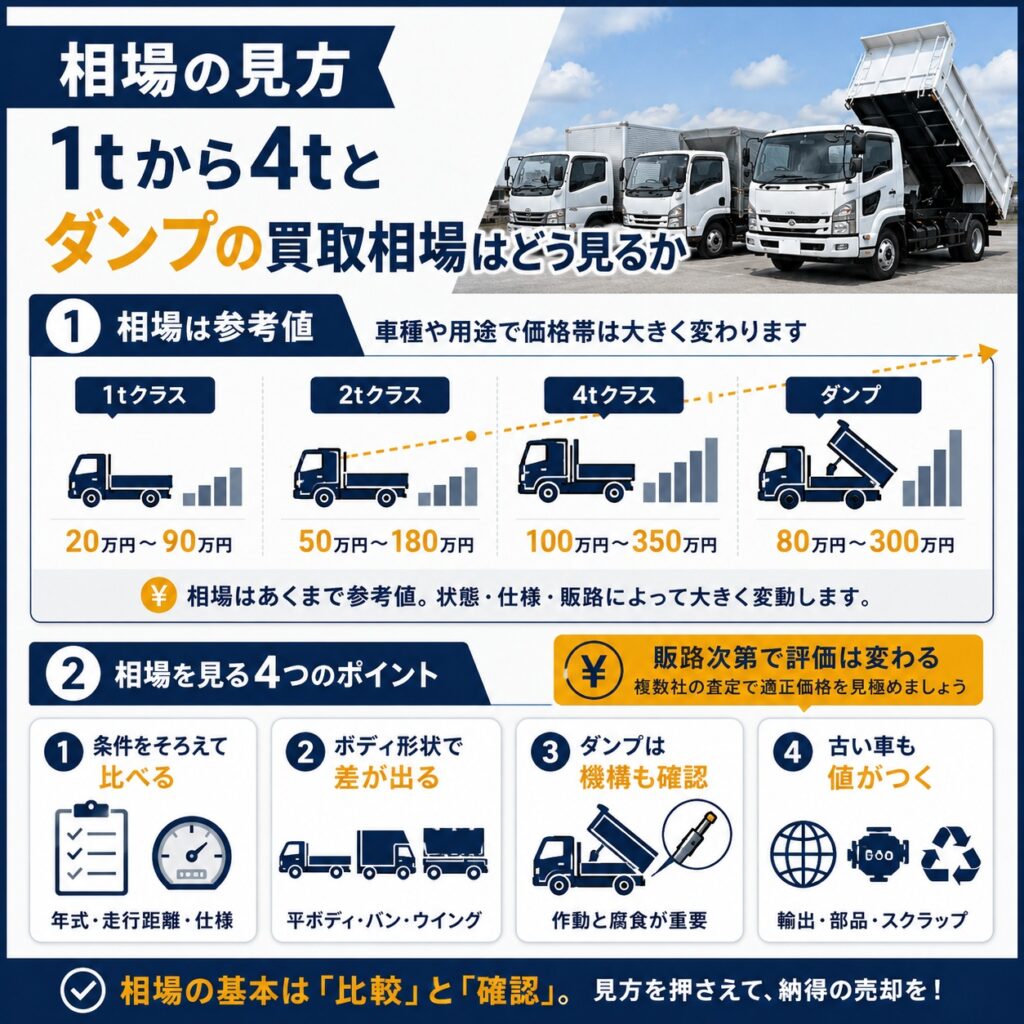 1tから4tとダンプの買取相場はどう見るか
