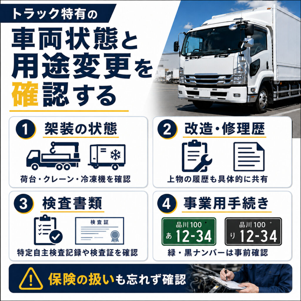 トラック特有の車両状態と用途変更を確認する