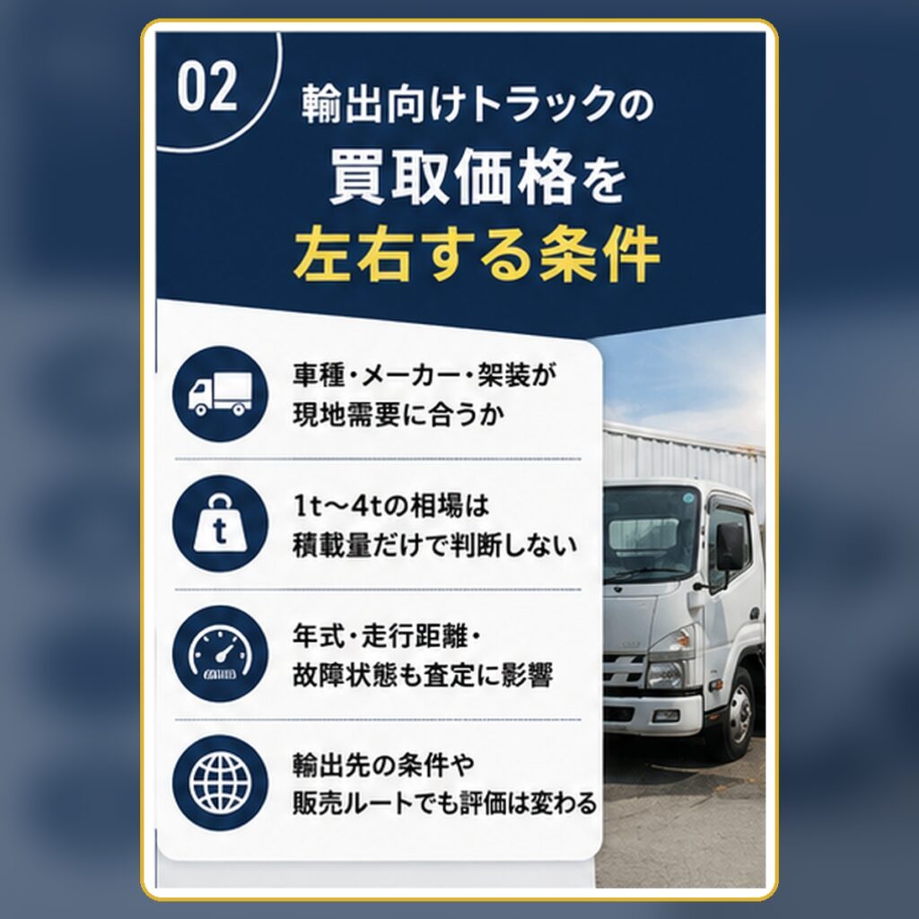 輸出向けトラックの買取価格を左右する条件