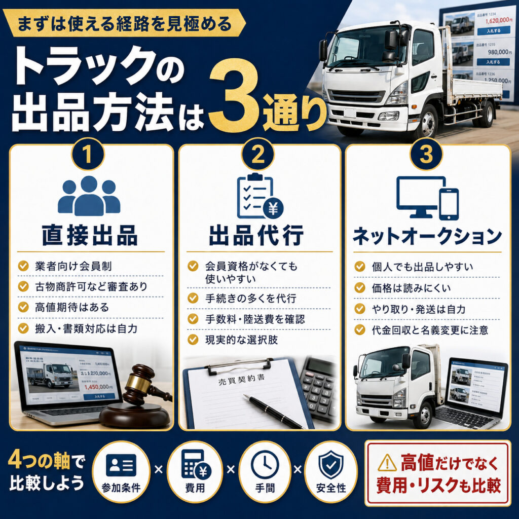 トラックをオークションに出品する方法は主に3通り