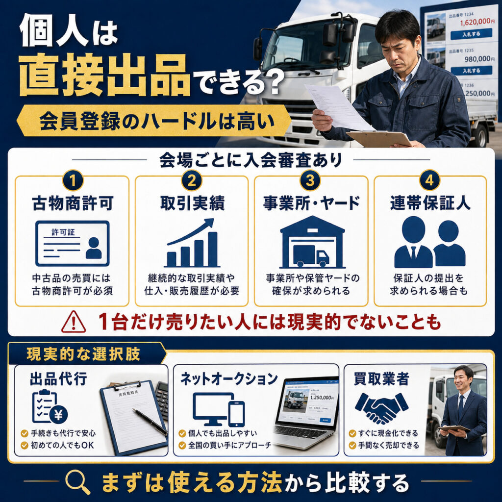 個人が業者向け会場へ直接出品できるとは限らない