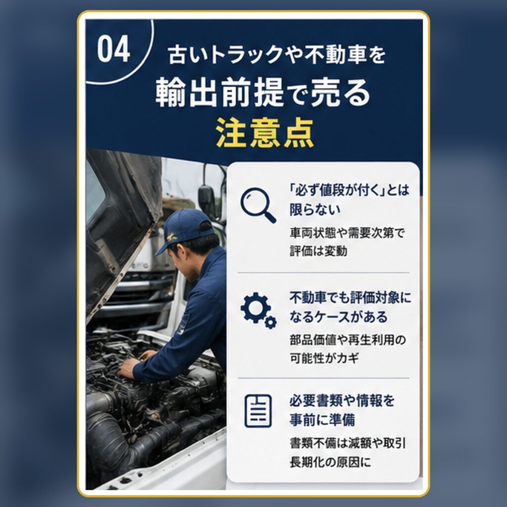 古いトラックや不動車を輸出前提で売る注意点