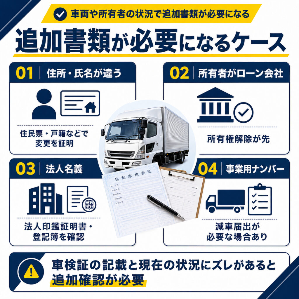 車両や所有者の状況で追加書類が必要になる