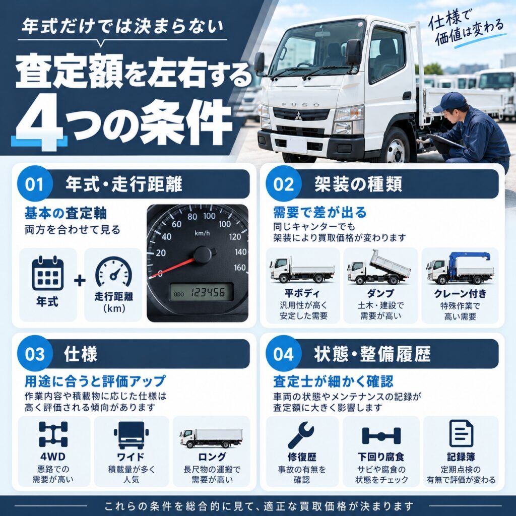 キャンターの買取価格を左右する主な条件