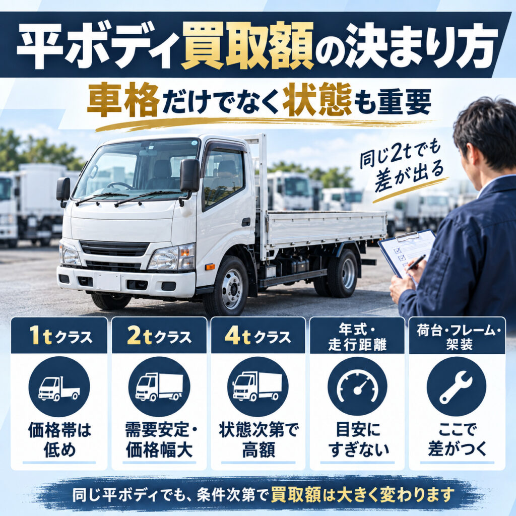 平ボディの買取額は車格と状態で大きく変わる