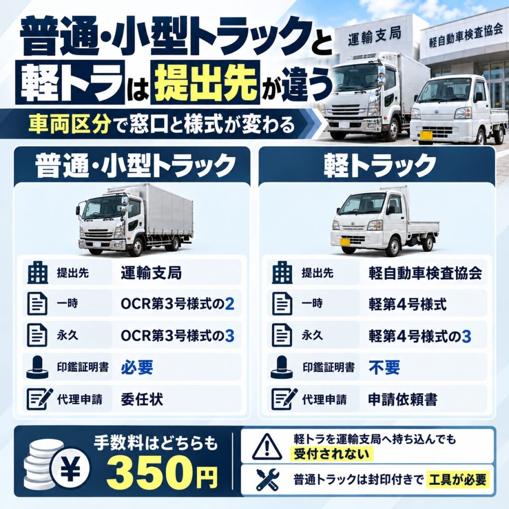 普通・小型トラックと軽トラでは提出先が異なる