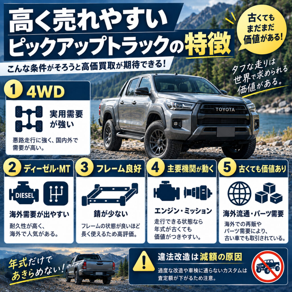 高く売れやすいピックアップトラックの特徴