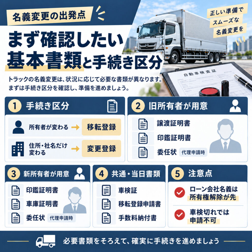 トラックの名義変更に必要な書類は状況別に確認