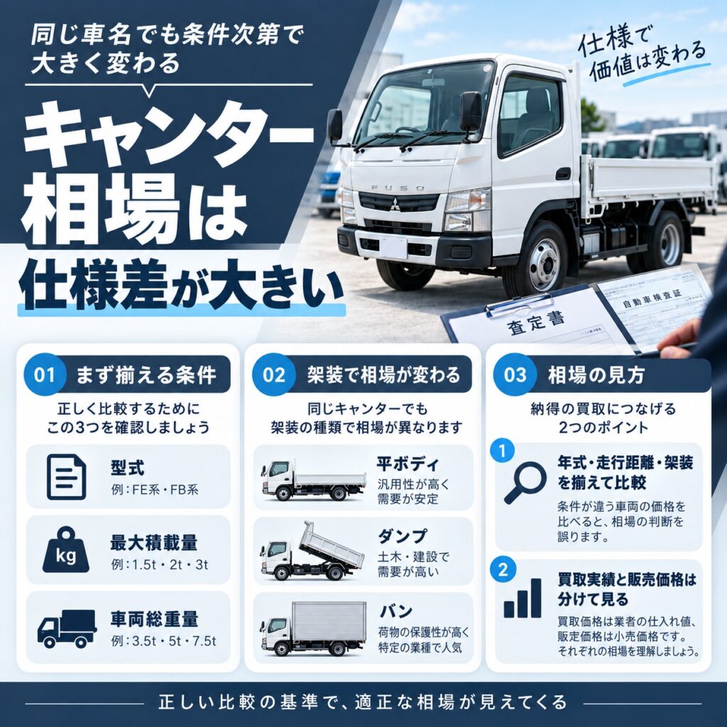 キャンターの買取相場は仕様ごとの差が大きい
