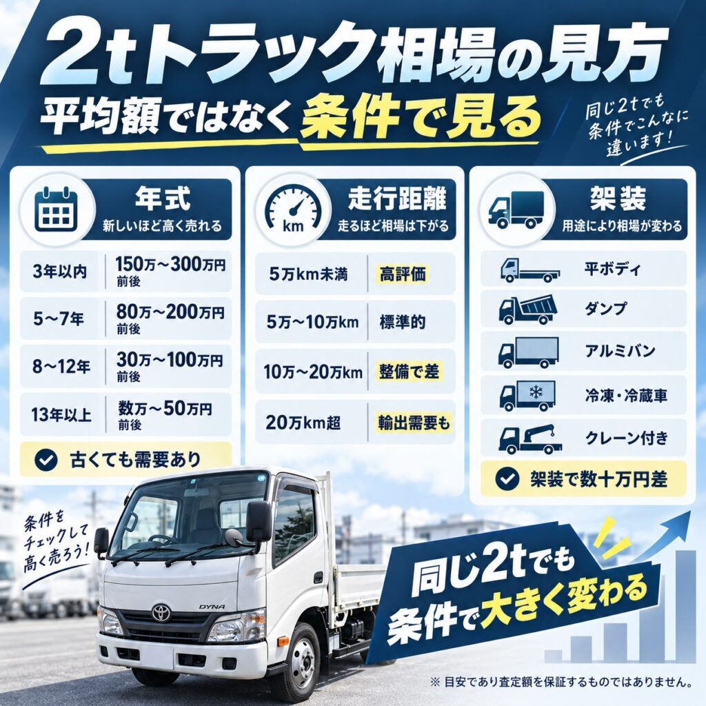 2tトラックの買取相場を条件別の早見表で確認