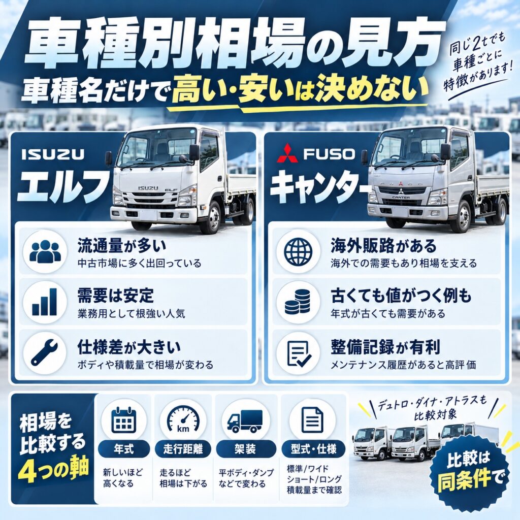 エルフやキャンターなど車種別の相場傾向