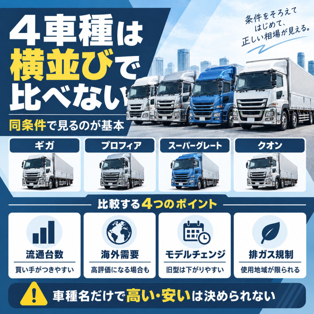 大型4車種の相場は同じ条件で比較する