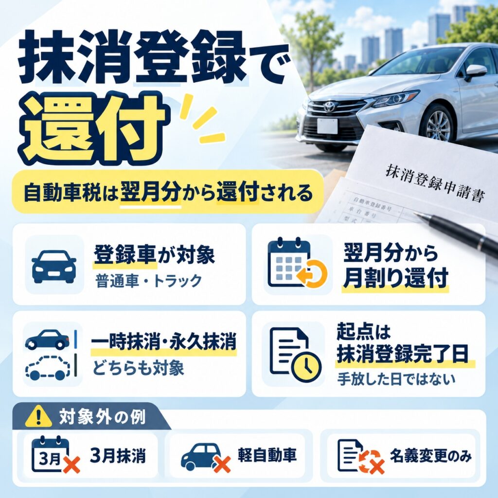 自動車税は抹消登録で翌月分から還付される