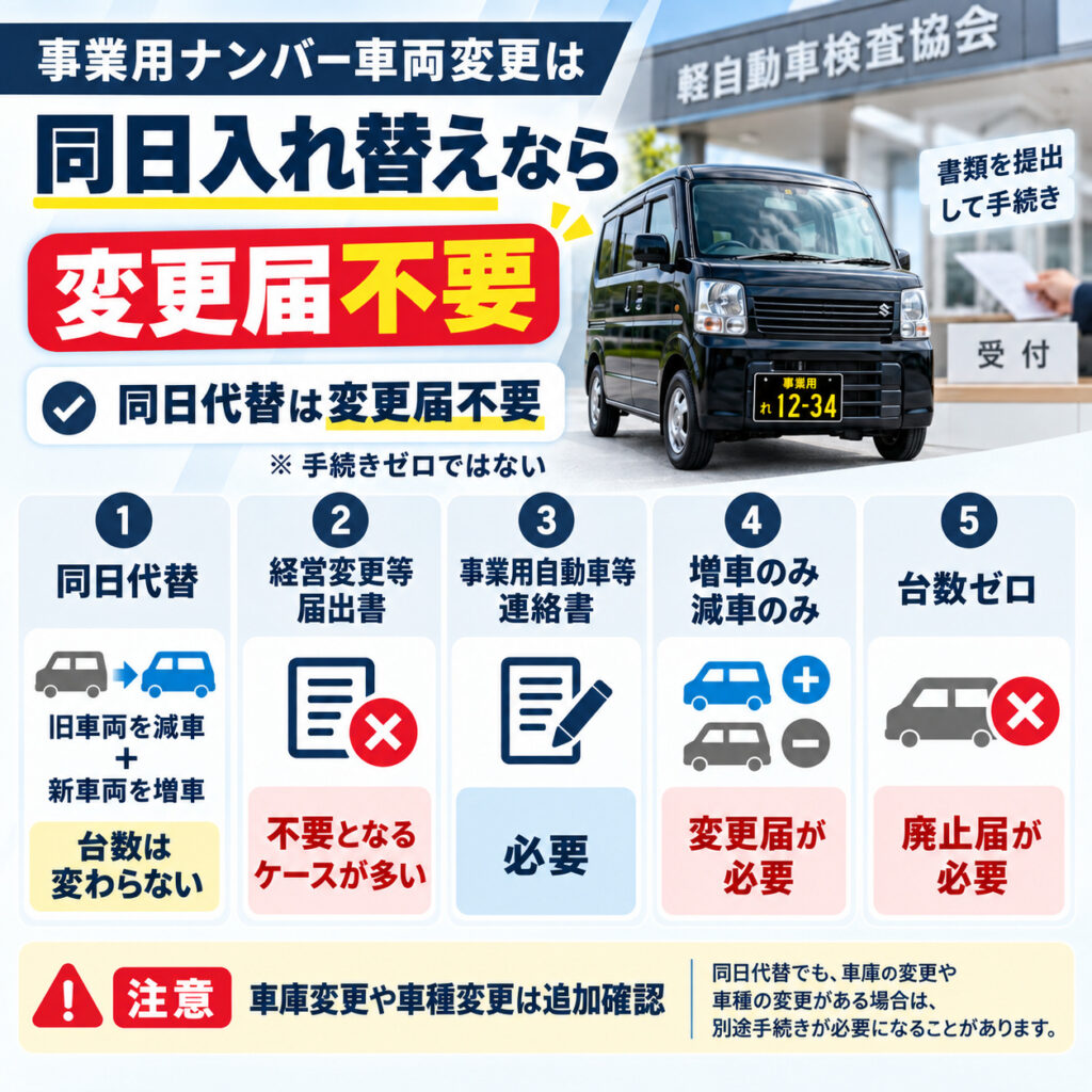 事業用ナンバー車両変更は同日入れ替えなら変更届不要
