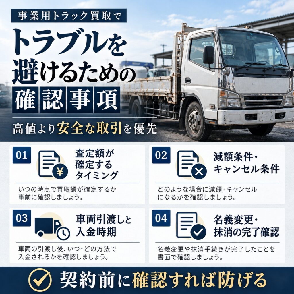 事業用トラック買取でトラブルを避けるための確認事項