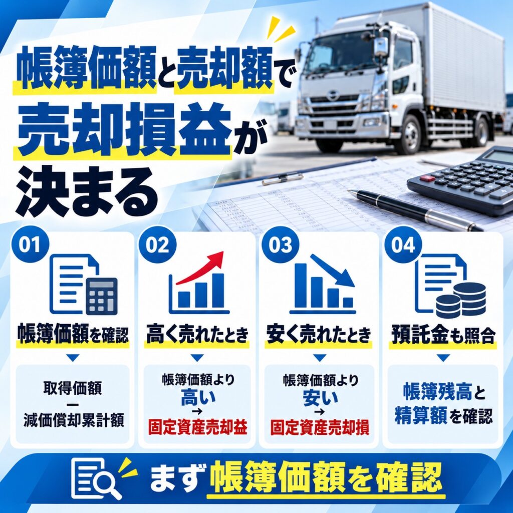 トラック売却時の仕訳は帳簿価額と売却額で決まる