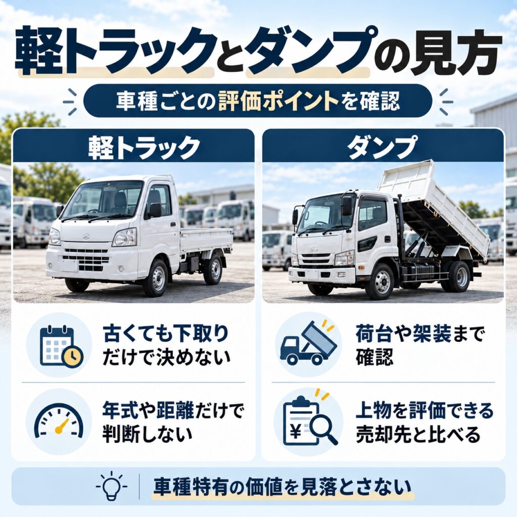 軽トラックやダンプは車種特有の評価も確認する