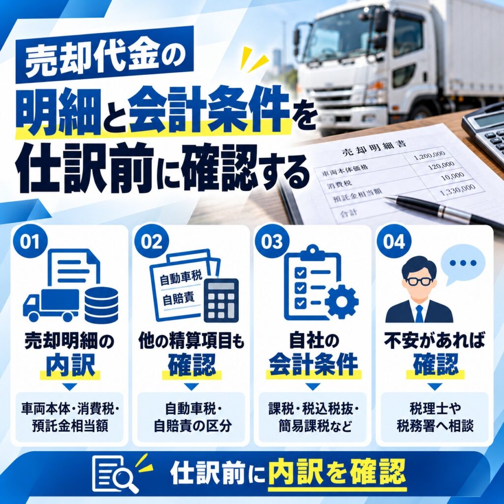 売却代金の明細と会計条件を仕訳前に確認する